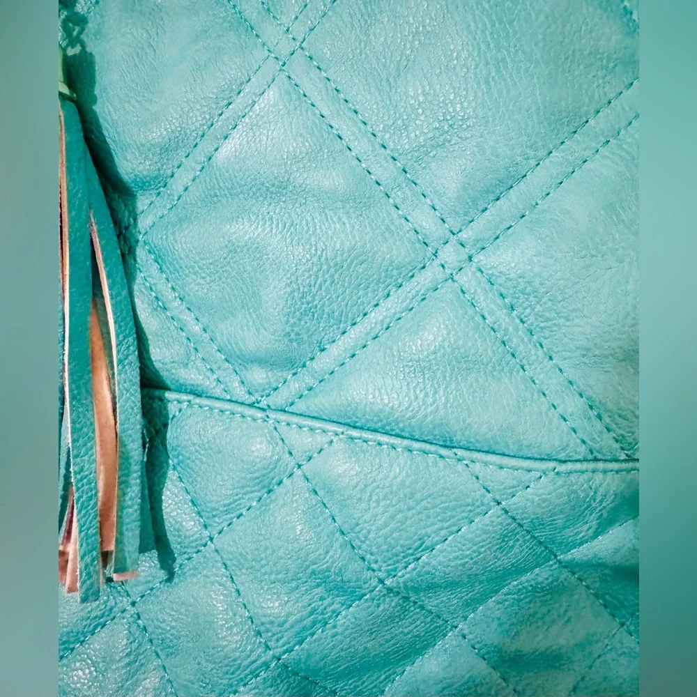 Big Buddha Turquoise Quilted Floral Glam Bag with Gold Chain Accents Luxury - Picture 4 of 16